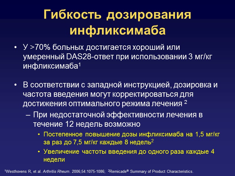 Гибкость дозирования инфликсимаба У >70% больных достигается хороший или умеренный DAS28-ответ при использовании 3